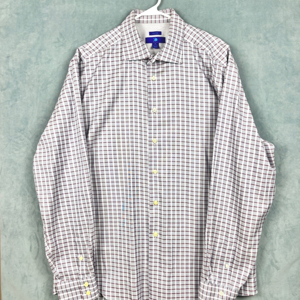 Egara Mens Non Iron Plaid Dress Shirt XL Grey Burgundy White Long Sleeve Cotton
